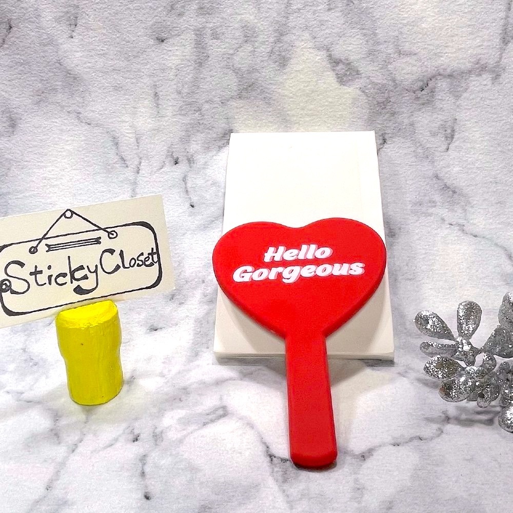 Hello Gorgeous Red White Heart Mirror ,Handheld Glass,Boxed,6.5 x 4.75 in-NEW